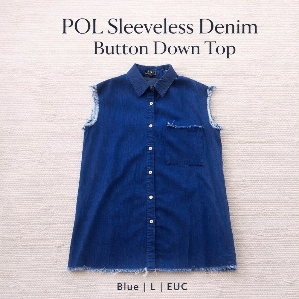 POL Denim Sleeveless Button Down Top Raw Hem Frayed Cotton Blue L